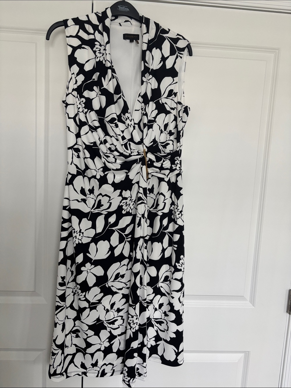 Donna Karan Sleeveless Black & White Floral Wrap Dress with Gold Accent